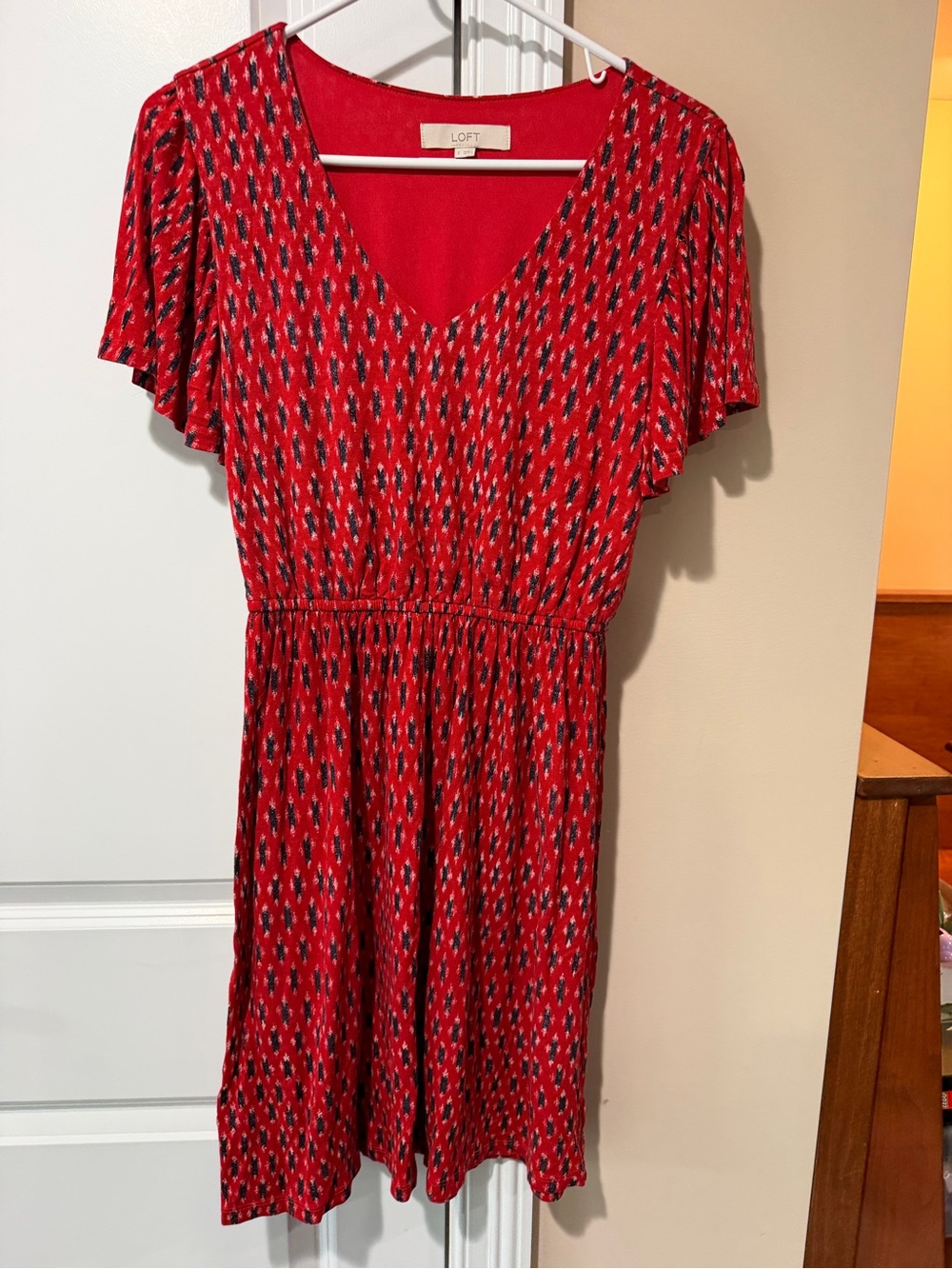 LOFT Red Printed V-Neck Flutter Sleeve Mini Dress